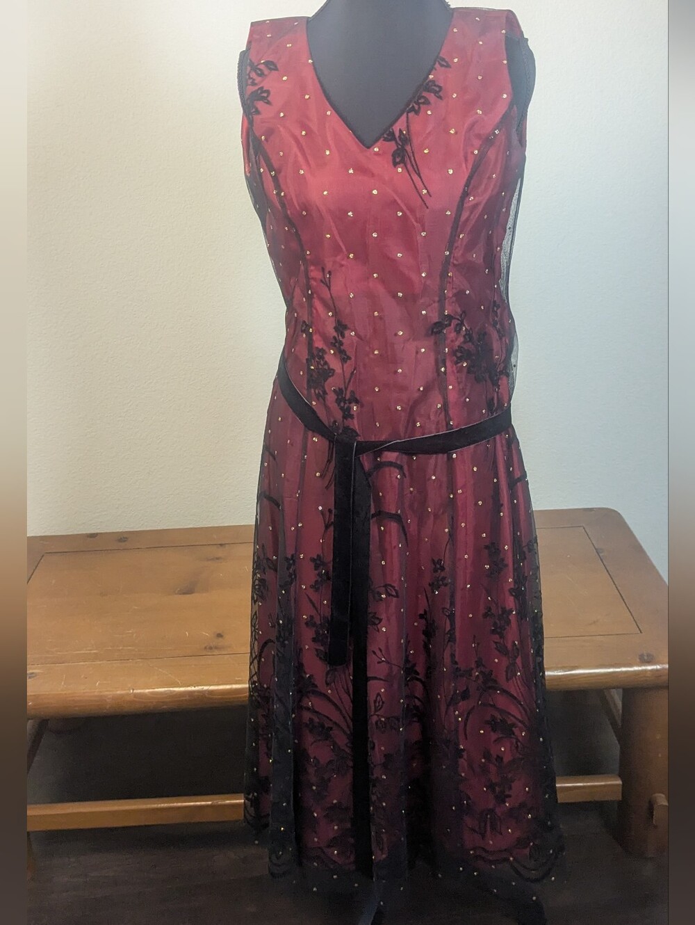 Coldwater Creek P6 Burgundy Black Floral Mesh Overlay Midi Dress